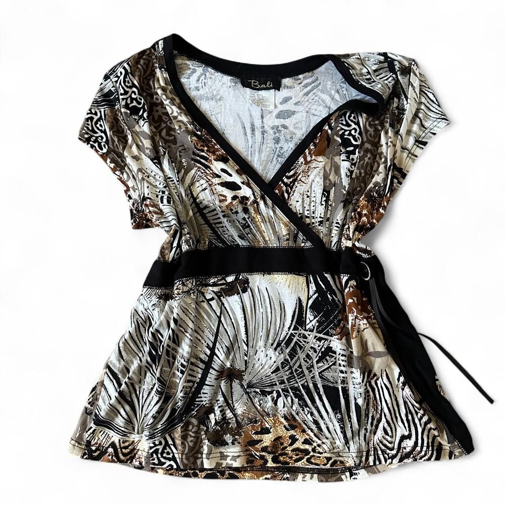 Y2K Animal Print Bali Mock Wrap Blouse Large